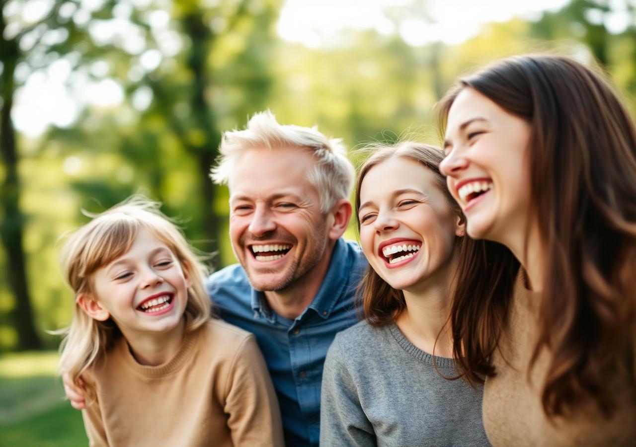 Skrattande familj utomhus i solljus